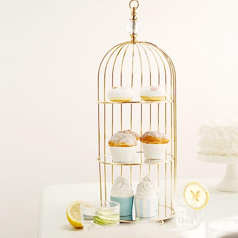 22 in tall 3 Tier Gold Metal with Mirror Glass Hanging Bird Cage Dessert Cupcake Stand