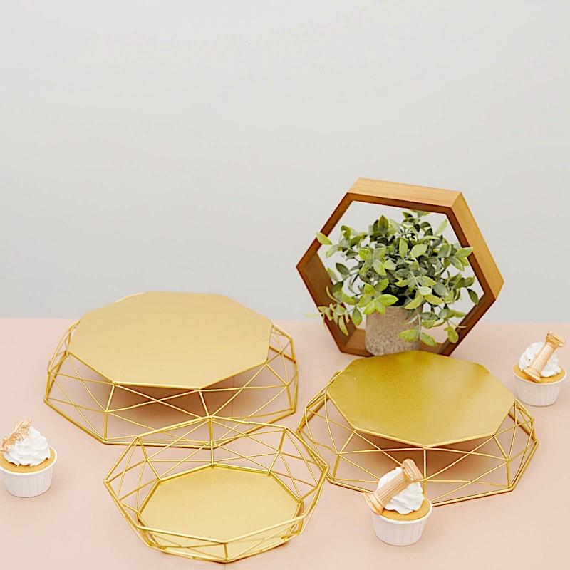 3 Gold Geometric Octagon Metal Cake Stands Dessert Display Riser