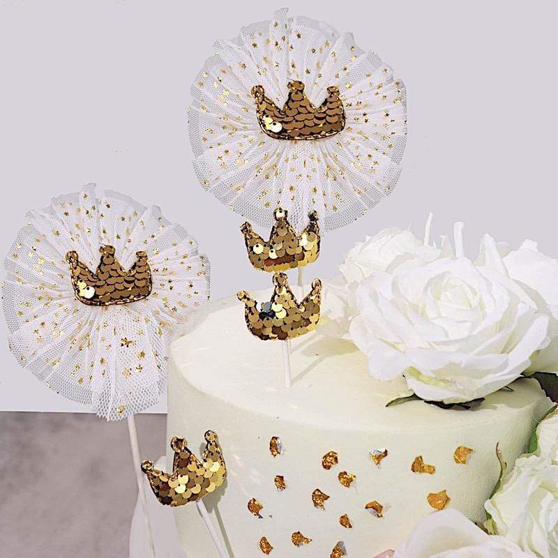 9 Mini Sequin Crown Cake Topper Set - White and Gold