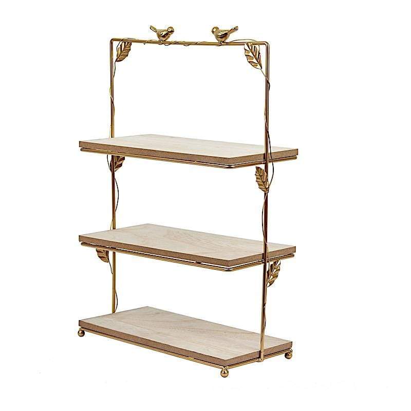 Gold 19 in tall Metal with Natural Wood 3 Tier Dessert Stand Cupcake Holder