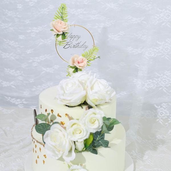 Gold Happy Birthday Cake Topper Set with Blush Silk Rose Flowers