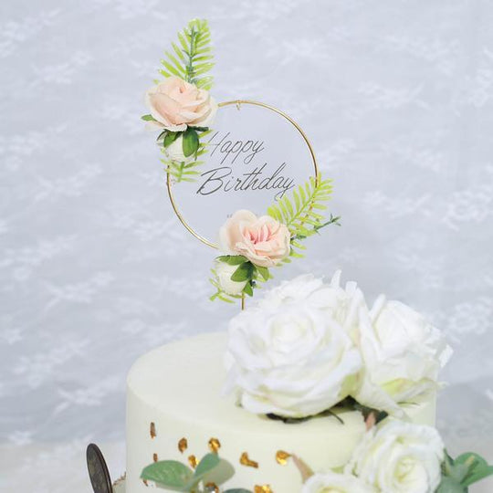 Gold Happy Birthday Cake Topper Set with Blush Silk Rose Flowers