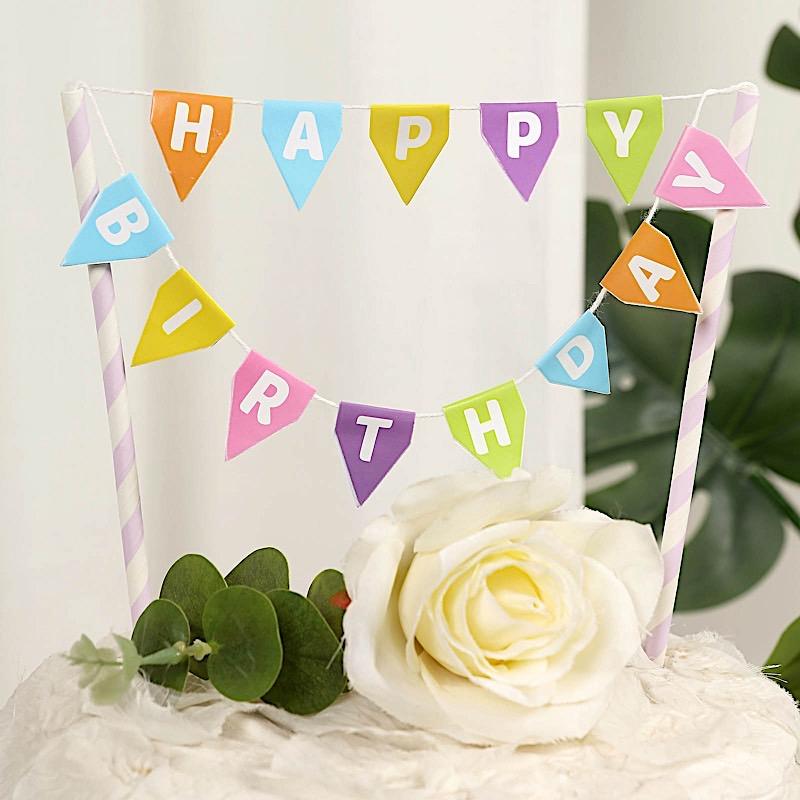 Efavormart Multi-Color Happy Birthday Cake Topper Banner Cake Bunting  Garland Sign with Lavender Straws - 8