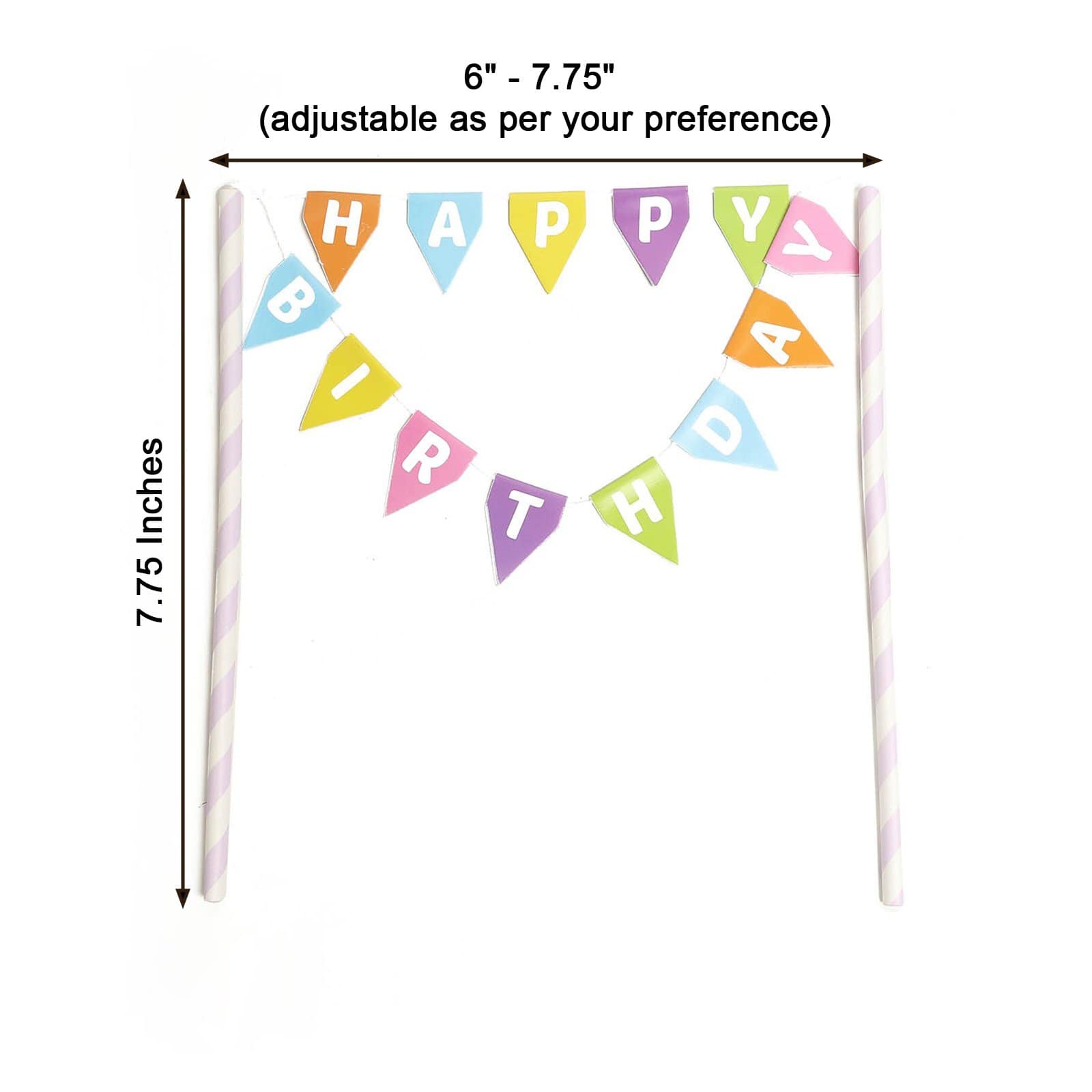 Multicolor Happy Birthday Banner Garland Cake Topper Set with Paper Straws