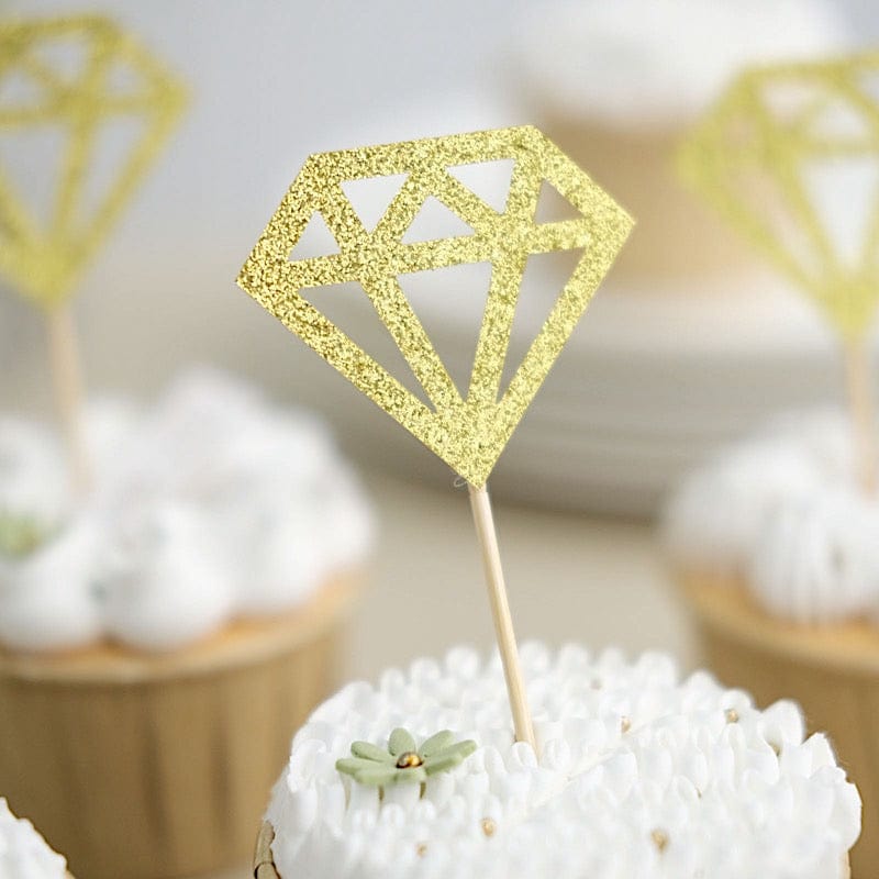 24 Gold Glittered Diamond Ring Cake and Cupcake Toppers