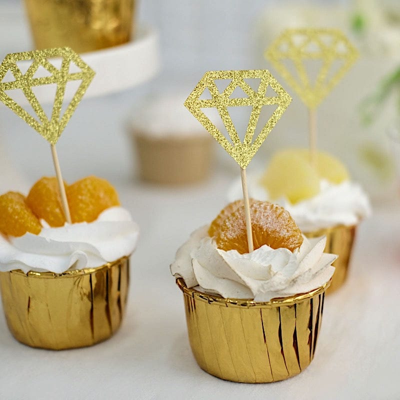 24 Gold Glittered Diamond Ring Cake and Cupcake Toppers