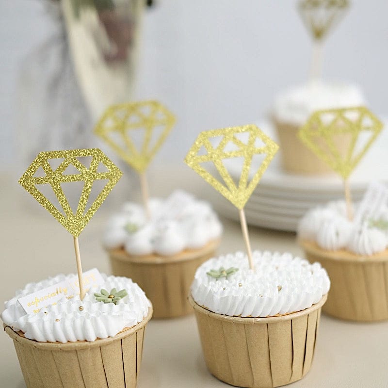 24 Gold Glittered Diamond Ring Cake and Cupcake Toppers