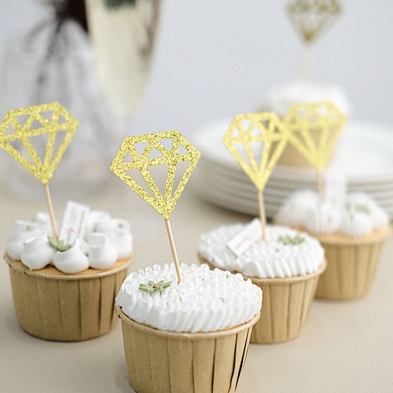 24 Gold Glittered Diamond Ring Cake and Cupcake Toppers