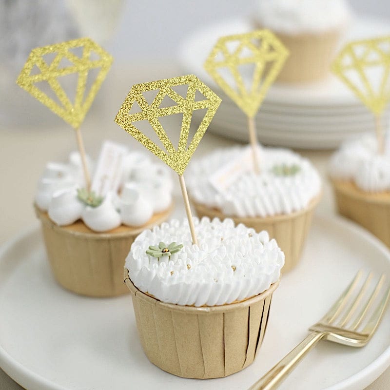 24 Gold Glittered Diamond Ring Cake and Cupcake Toppers