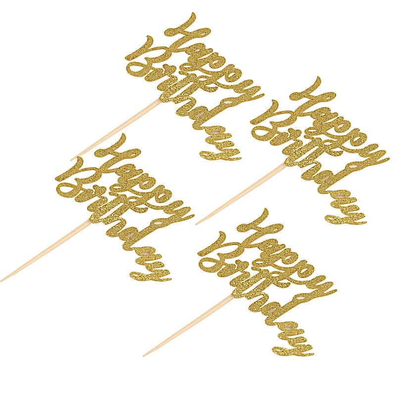 24 Gold Glittered Happy Birthday Cake and Cupcake Toppers