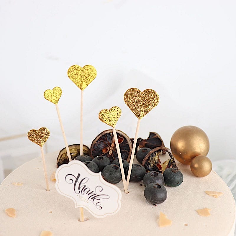 24 Gold Glittered Heart Cake and Cupcake Toppers Picks