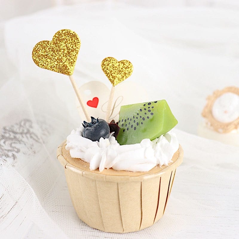 24 Gold Glittered Heart Cake and Cupcake Toppers Picks