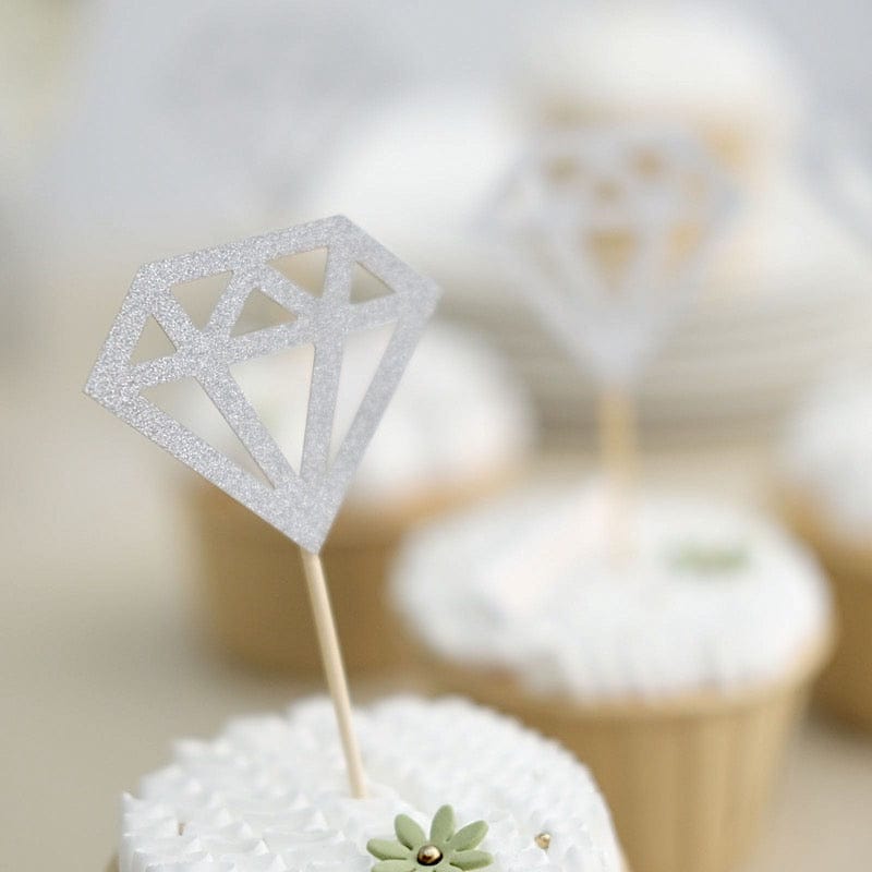 24 Silver Glittered Diamond Ring Cake and Cupcake Toppers