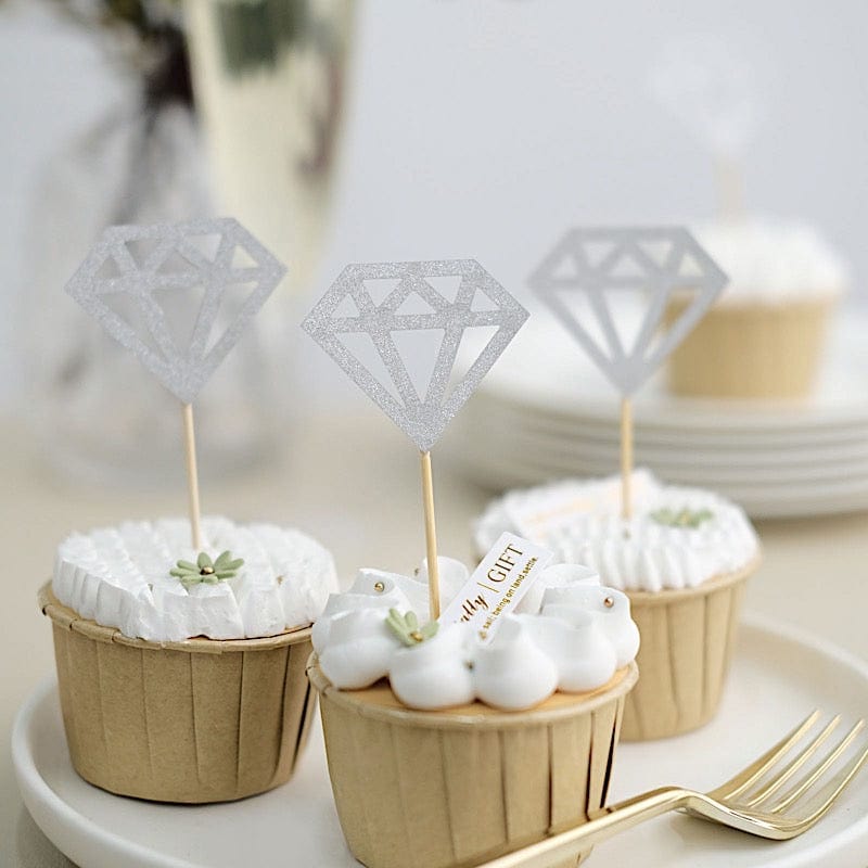 24 Silver Glittered Diamond Ring Cake and Cupcake Toppers