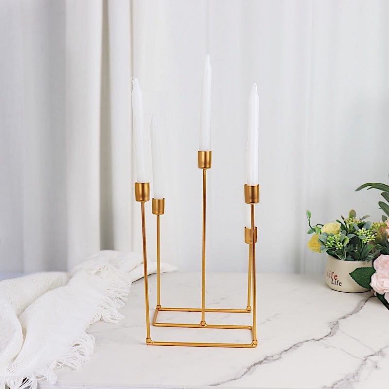 12 in tall Gold 5 Arm Geometric Metal Candelabra Taper Candle Holder