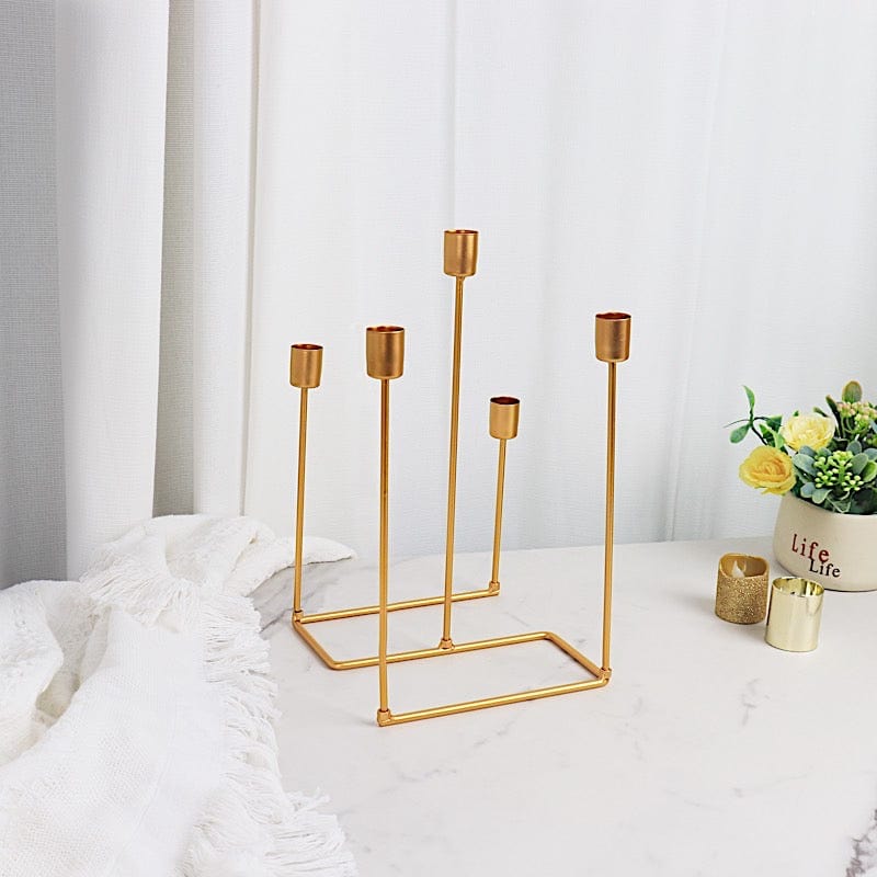 12 in tall Gold 5 Arm Geometric Metal Candelabra Taper Candle Holder