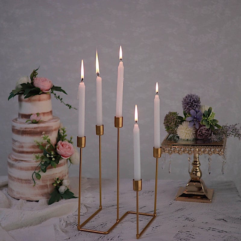 12 in tall Gold 5 Arm Geometric Metal Candelabra Taper Candle Holder