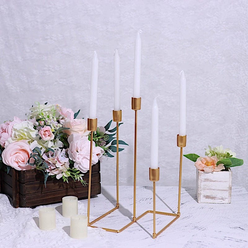 12 in tall Gold 5 Arm Geometric Metal Candelabra Taper Candle Holder