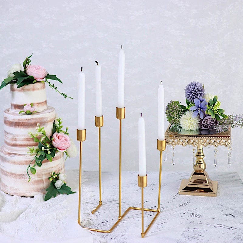 12 in tall Gold 5 Arm Geometric Metal Candelabra Taper Candle Holder