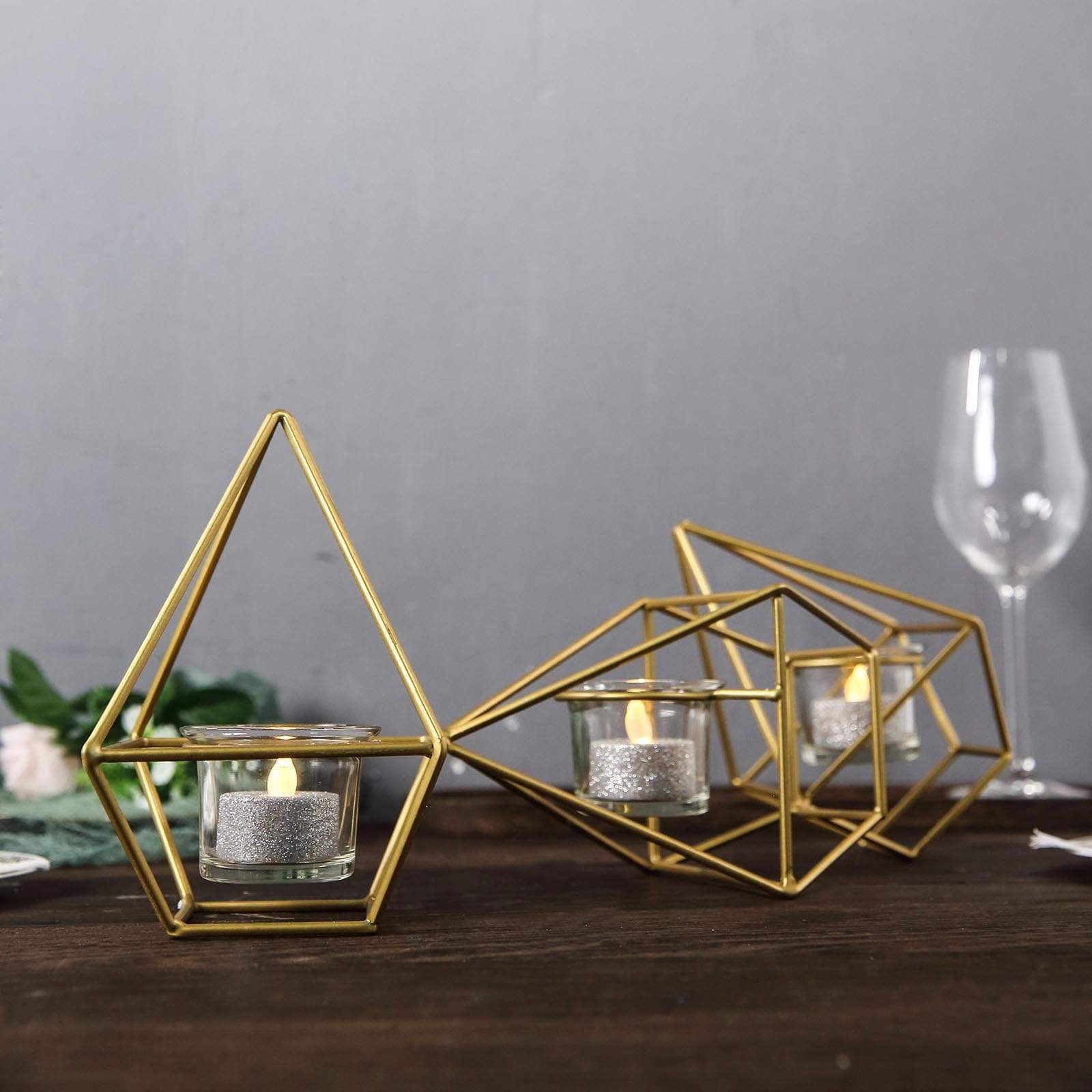 16.5 in long Jointed Geometric Stand with Tealight Votive Glass Candle Holders
