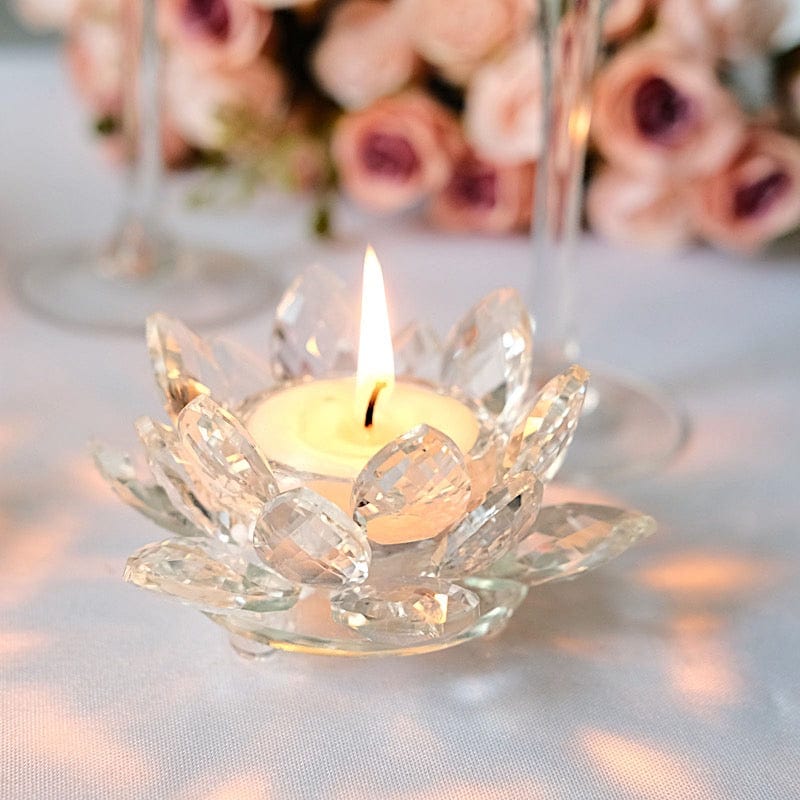 2 Clear 4.5 in Lotus Flower Crystal Glass Tealight Candle Holders
