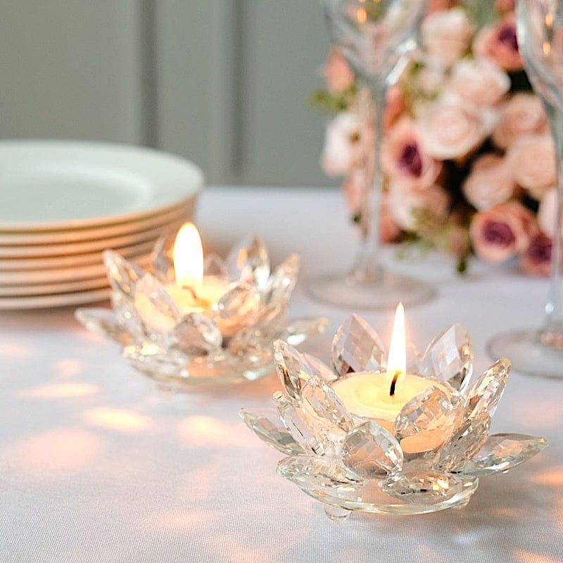 2 Clear 4.5 in Lotus Flower Crystal Glass Tealight Candle Holders