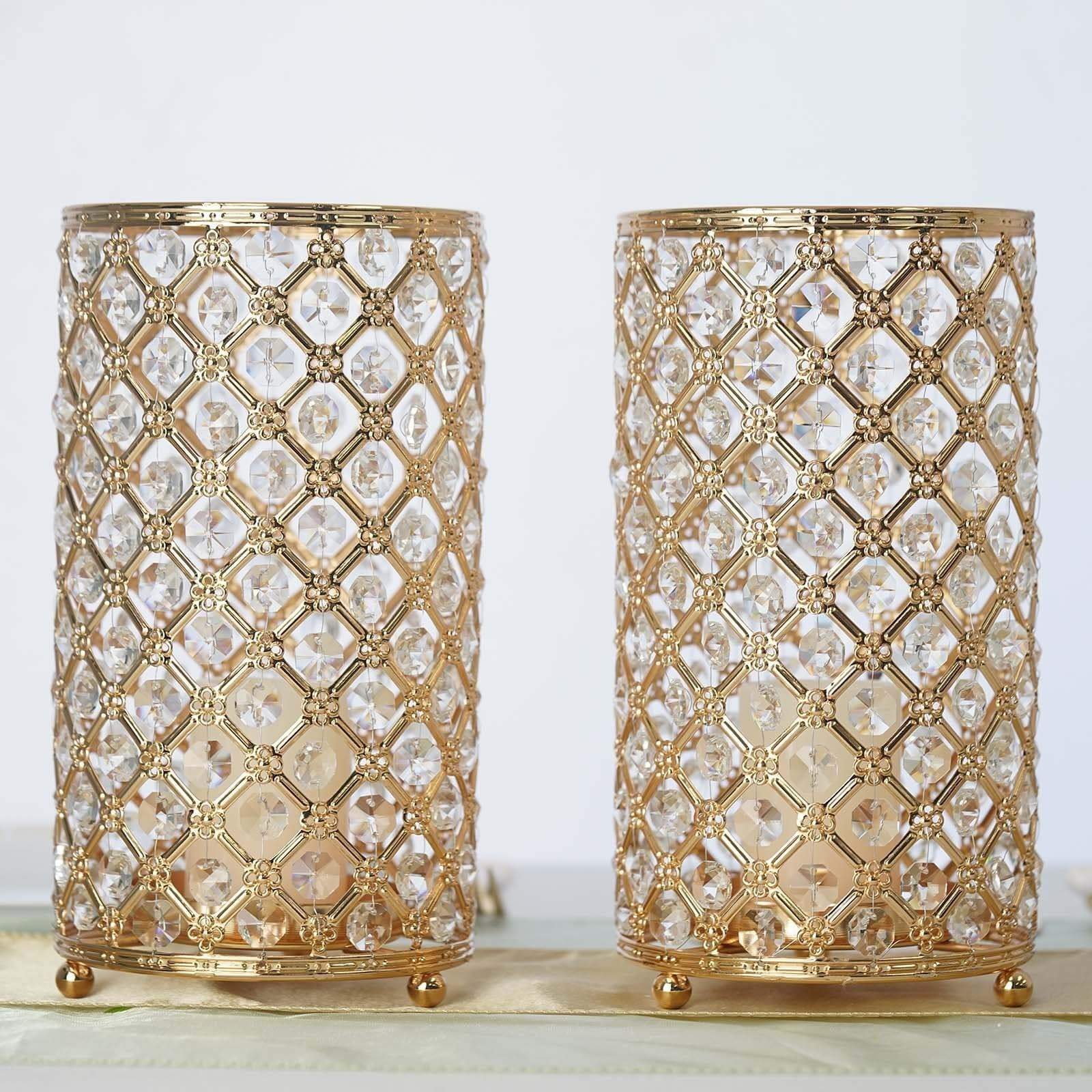 2 Crystal Beaded 9 in tall Metal Candle Holders Wedding Centerpieces