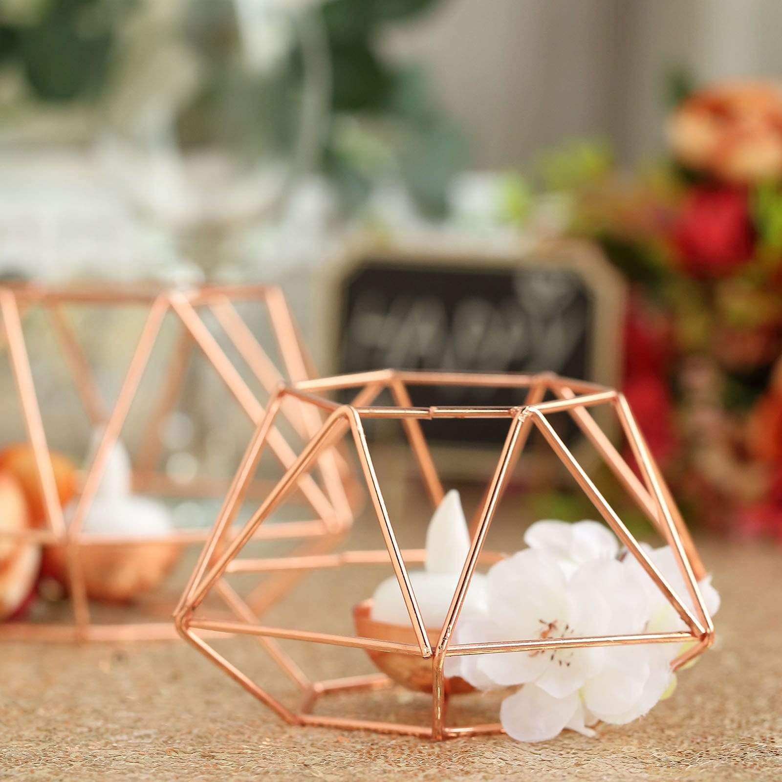 2 Geometric Metal Hexagon Flower Vases Tealight Candle Holders