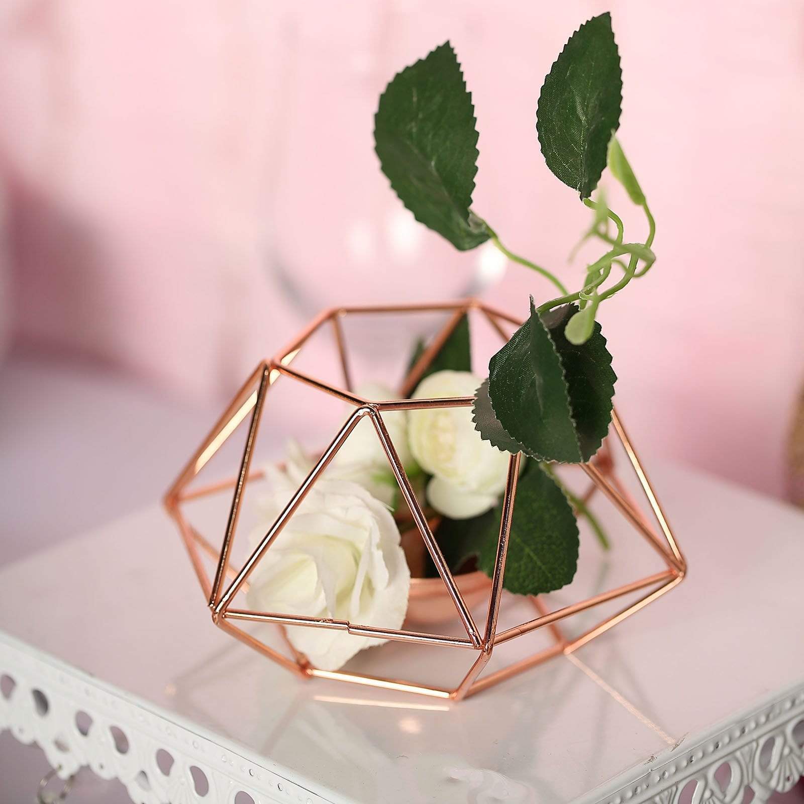 2 Geometric Metal Hexagon Flower Vases Tealight Candle Holders