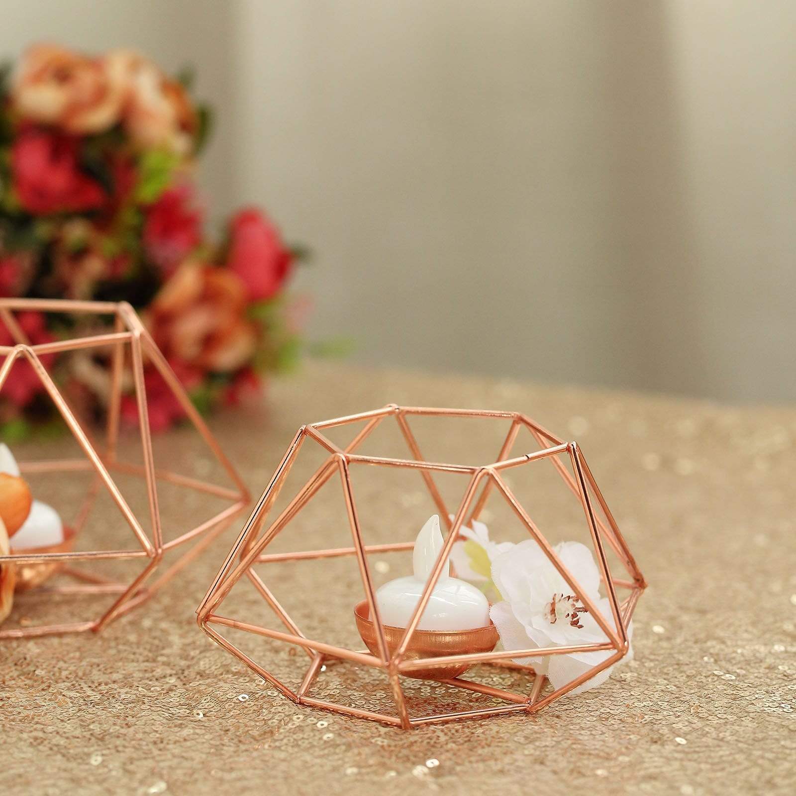 2 Geometric Metal Hexagon Flower Vases Tealight Candle Holders