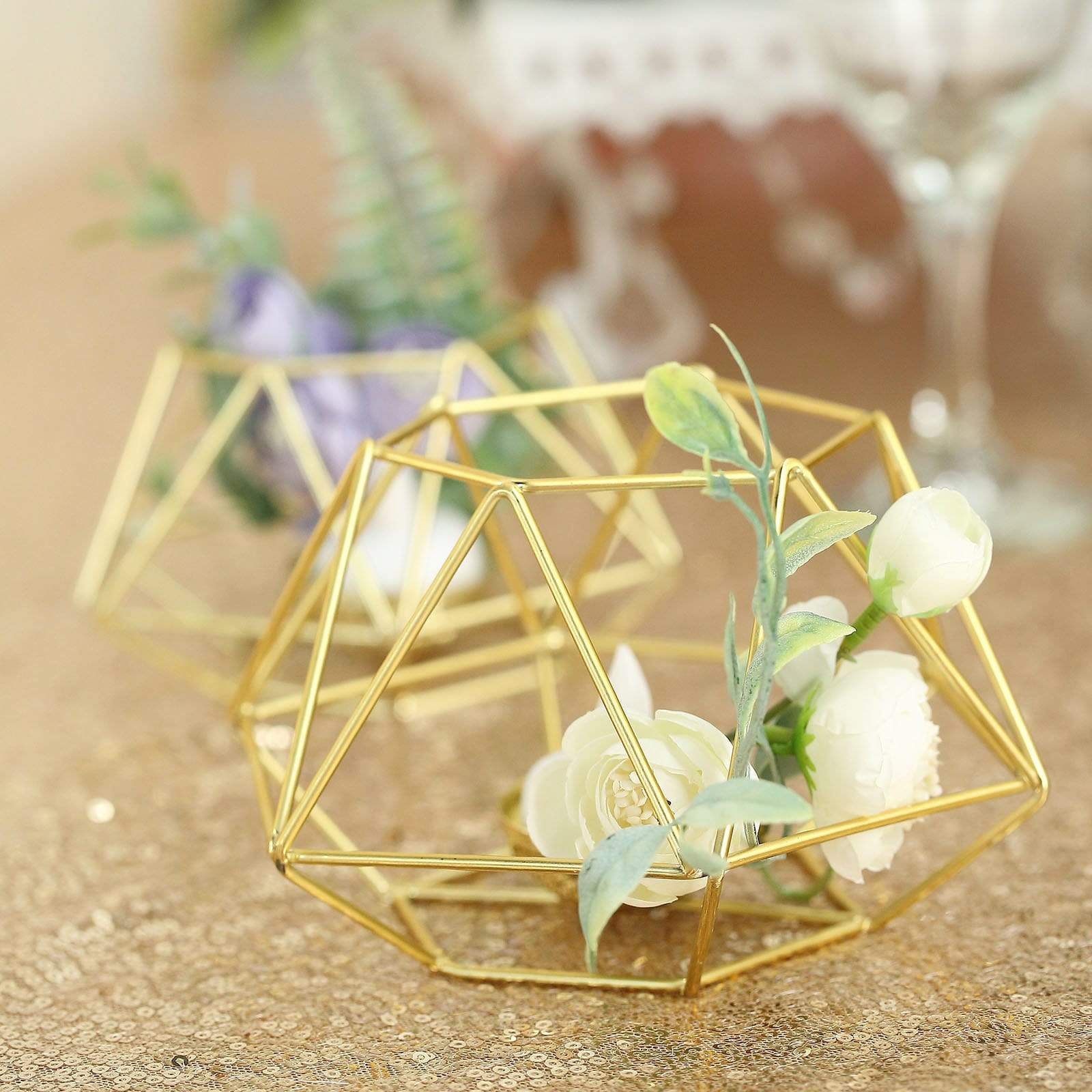 2 Geometric Metal Hexagon Flower Vases Tealight Candle Holders