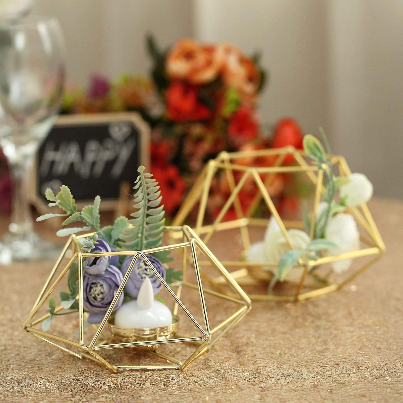 2 Geometric Metal Hexagon Flower Vases Tealight Candle Holders