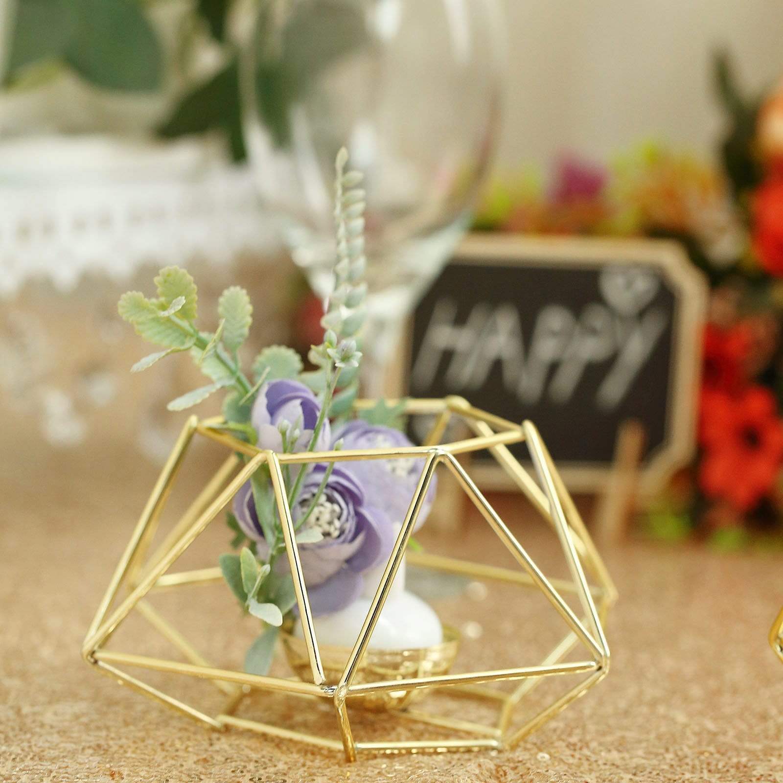 2 Geometric Metal Hexagon Flower Vases Tealight Candle Holders