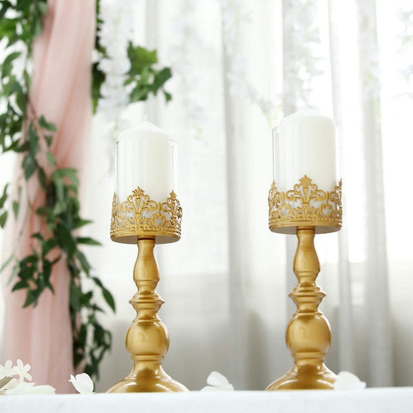 2 Gold 12 in tall Metal with Lacy Trim Glass Candle Holders Centerpieces