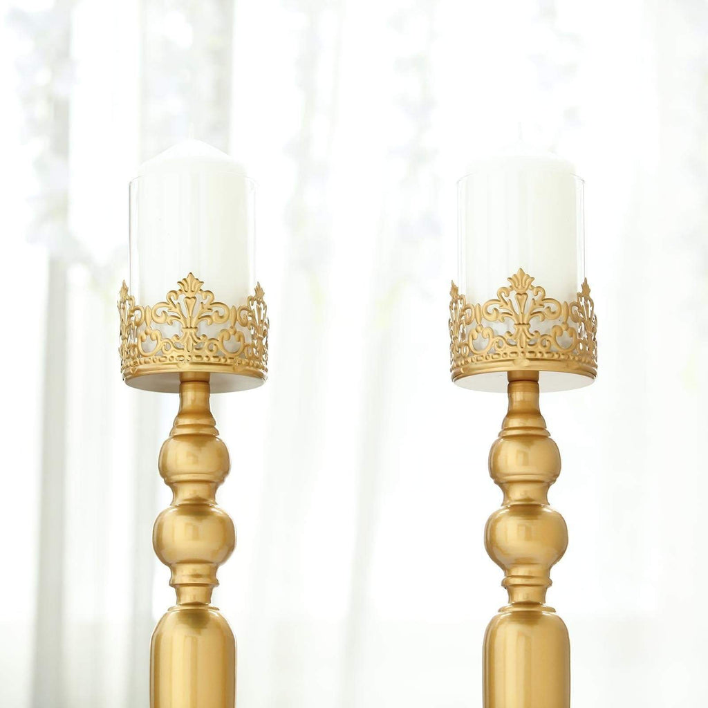 2 Gold 17 in tall Metal with Lacy Trim Glass Candle Holders Centerpieces