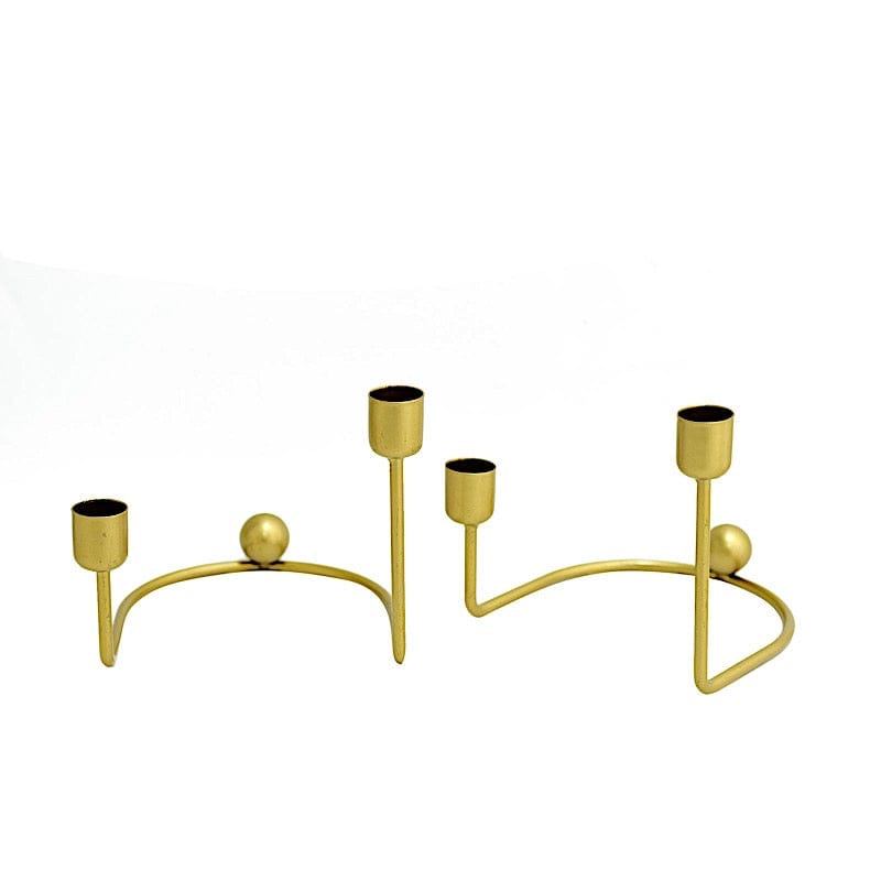 2 Gold 2 Arm Metal Geometric Taper Candle Holders Set
