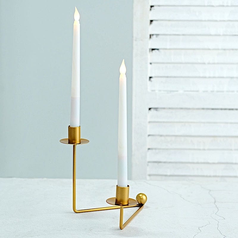 2 Gold 2 arm Metal Geometric Candelabra Taper Candle Holders with V-shaped Base