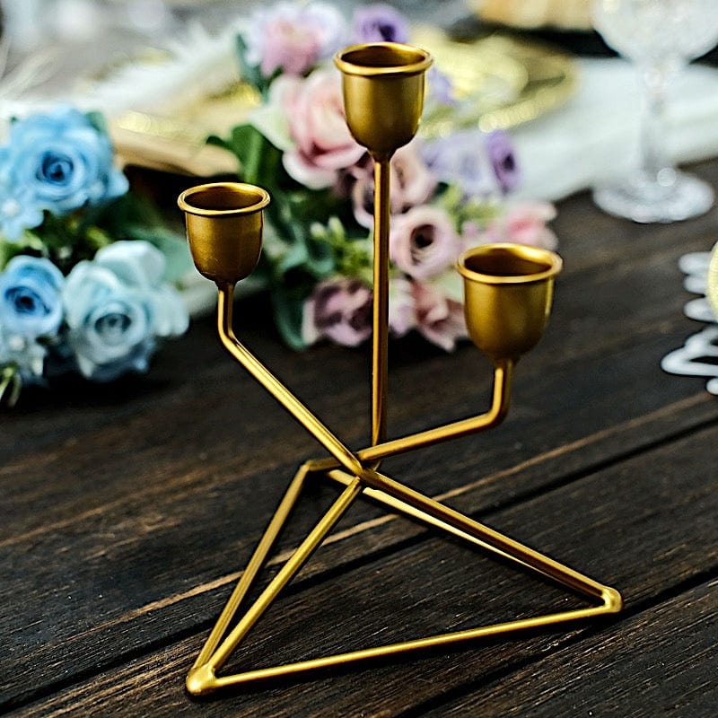 2 Gold 3 arm Metal Geometric Candelabra Taper Candle Holders with Triangle Base