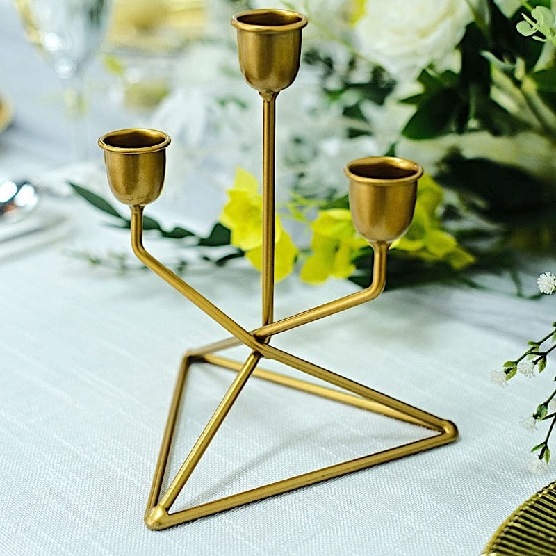 2 Gold 3 arm Metal Geometric Candelabra Taper Candle Holders with Triangle Base