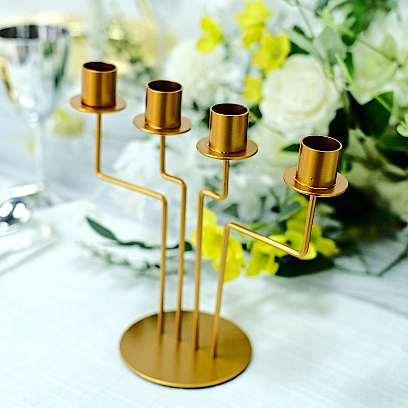 2 Gold 4 arm Metal Geometric Candelabra Taper Candle Holders
