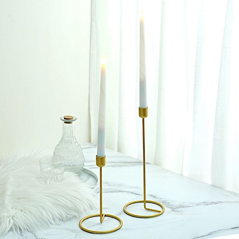 2 Gold Metal Geometric Taper Candle Holders Set with Ring Base