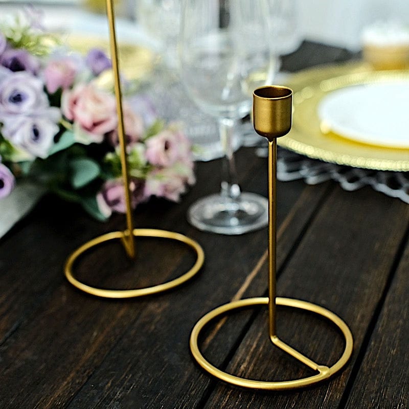 2 Gold Metal Geometric Taper Candle Holders Set with Ring Base
