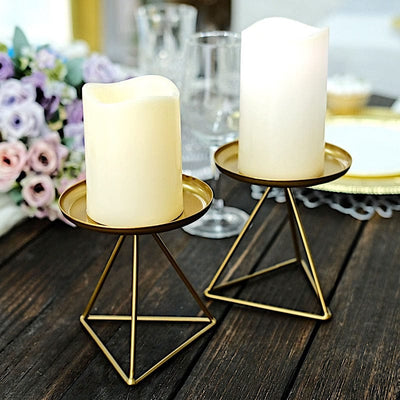 2 Gold Geometric Metal Pillar Candle Holders Set with Triangle Base