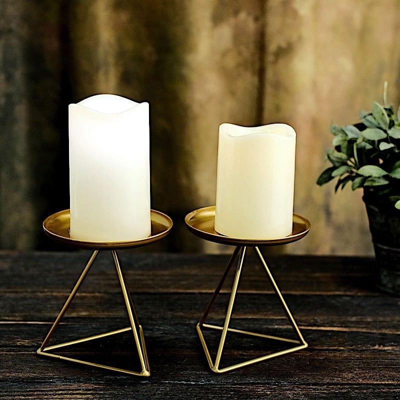 2 Gold Geometric Metal Pillar Candle Holders Set with Triangle Base