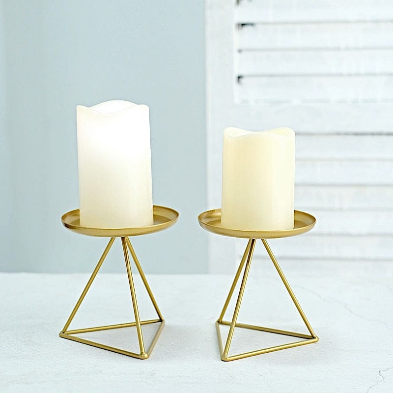 2 Gold Geometric Metal Pillar Candle Holders Set with Triangle Base