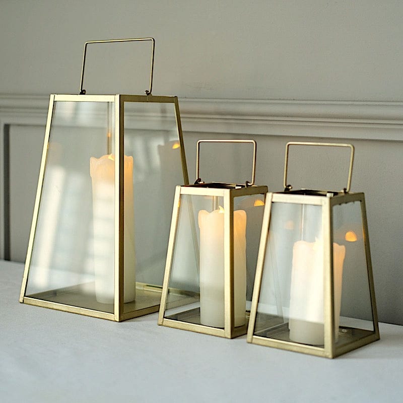 2 Gold with Clear 6 in Glass Geometric Metal Lantern Candle Holders