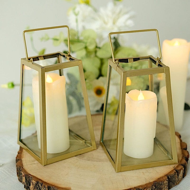 2 Gold with Clear 6 in Glass Geometric Metal Lantern Candle Holders