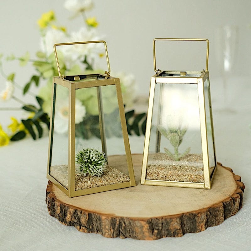 2 Gold with Clear 6 in Glass Geometric Metal Lantern Candle Holders