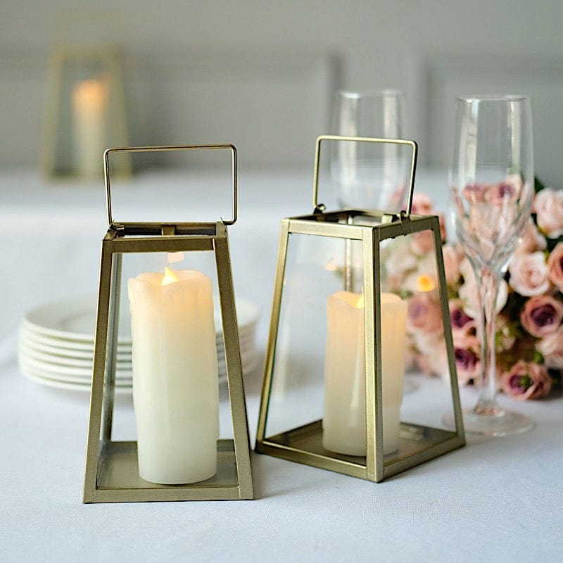 2 Gold with Clear 6 in Glass Geometric Metal Lantern Candle Holders