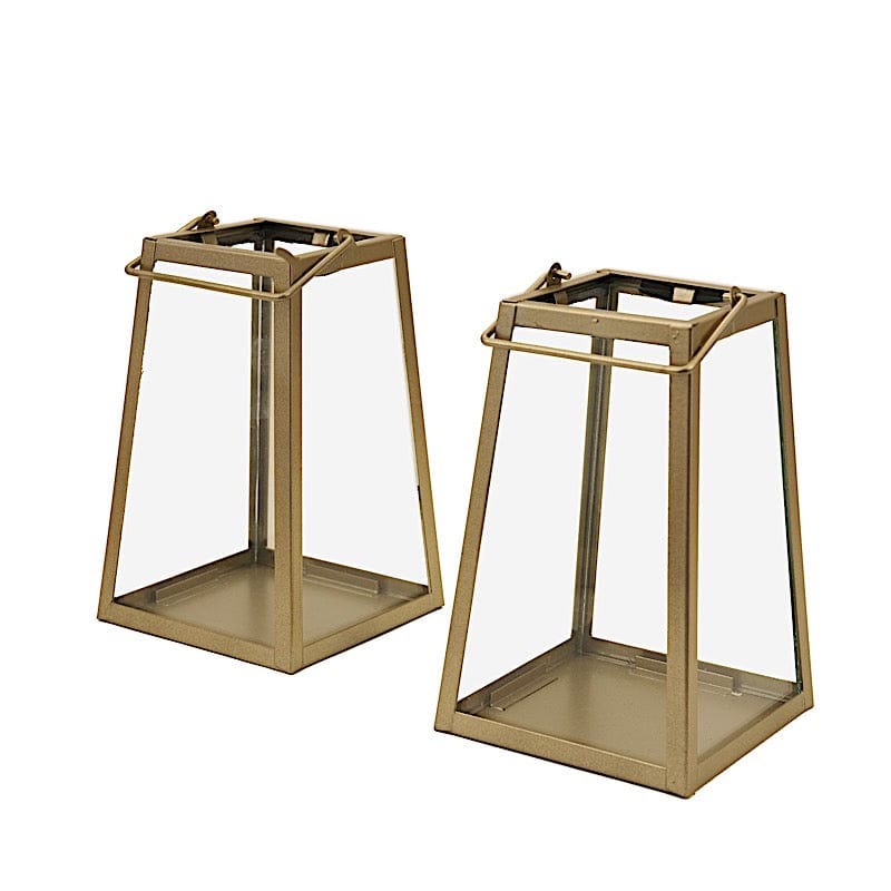 2 Gold with Clear 6 in Glass Geometric Metal Lantern Candle Holders